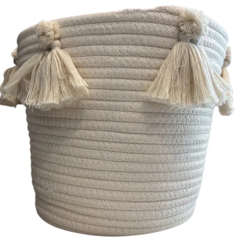 Target Pillowfort White Ivory Coiled Rope Storage Basket w/ Pom Pom Tassels